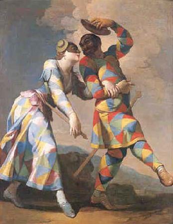 Giovanni Domenico Ferretti Gemalde des italienischen Malers Giovanni Domenico Ferretti. Motiv Arlecchino Harlekin und Colombina oil painting image
